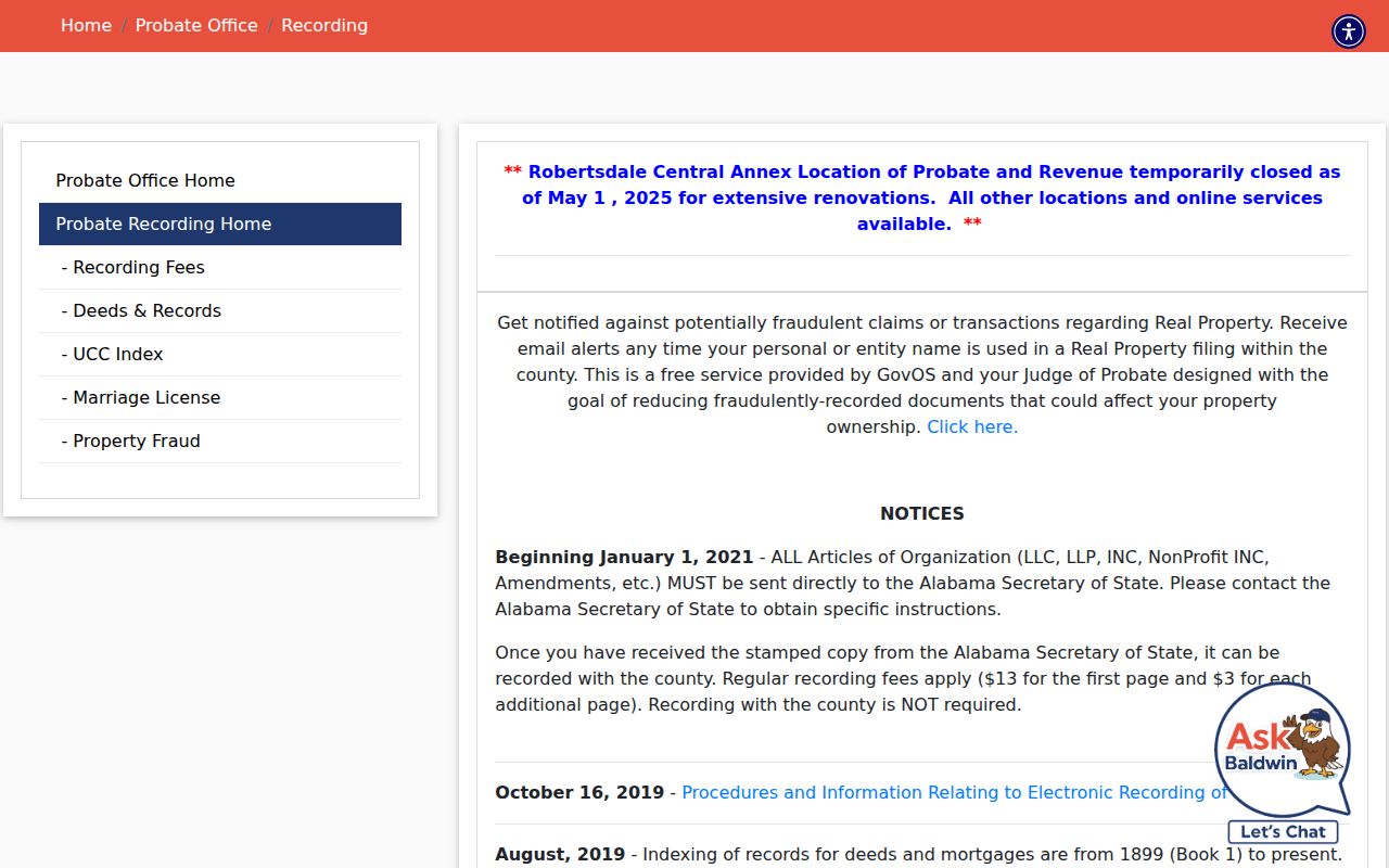 Baldwin County Probate Court records page