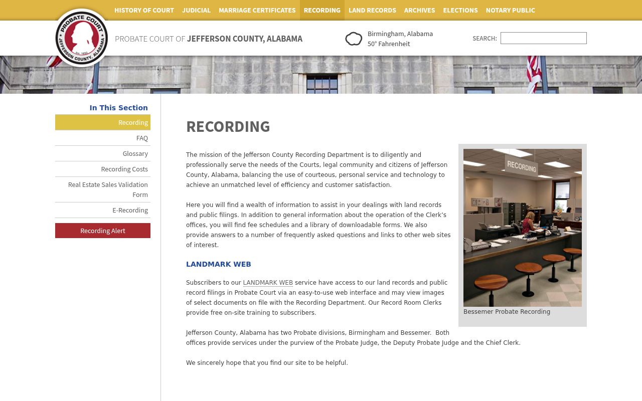 Jefferson County Probate Court recording information page